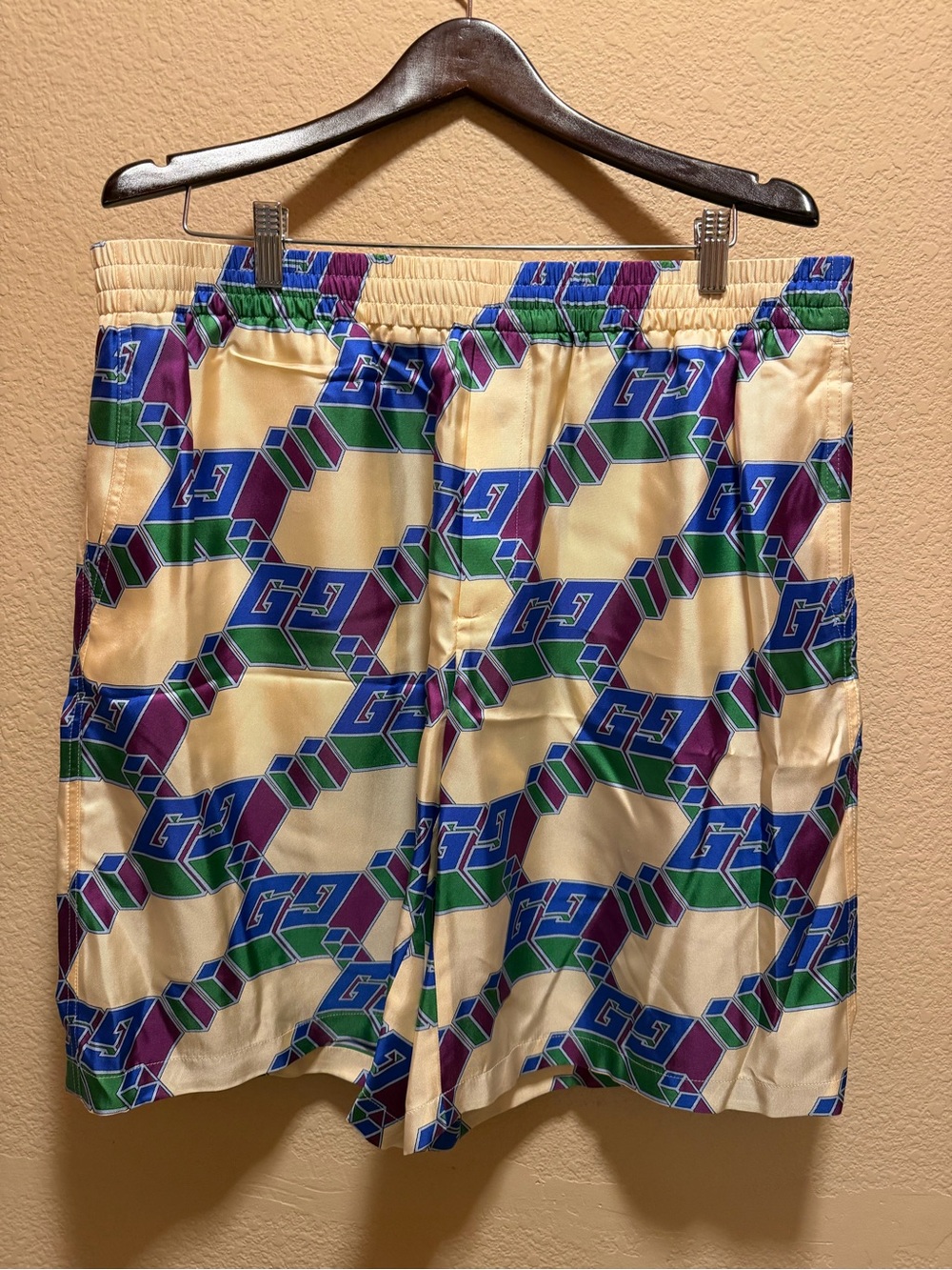 New Gucci GG Logo Silk Shorts Cream Blue Size IT 54 / US L 36 - 40 Waist